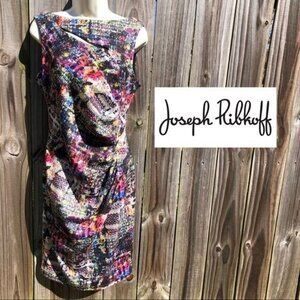 Joseph Ribkoff Pencil Dress 10 Ruched Keyhole Sleeveless Pink Blue Bateau